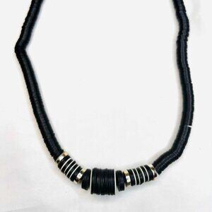 Vintage Handmade Black Disc Necklace 1980s, Layered Plastic Discs & Metal Accent